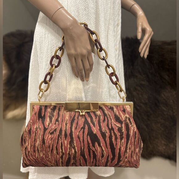 Tiger Stripes Hair-on Cowhide Handmade Unique Folding Kisslock Handbag/Multi Use - Picture 5 of 16